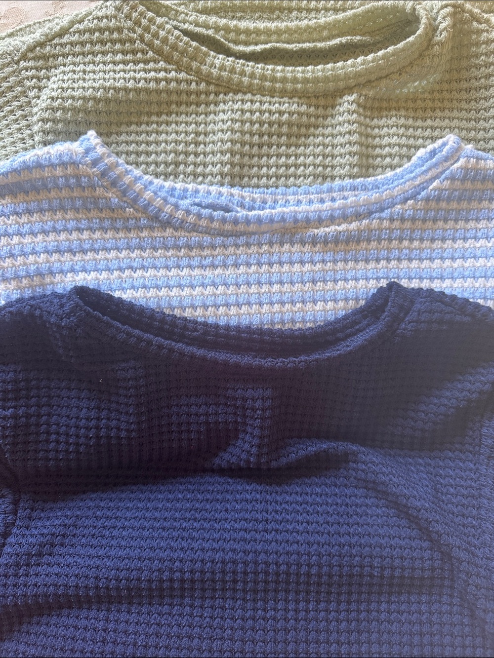 SHEIN Women’s Sleeveless Waffle Three top bundle- Blue& White, Sage and navy.